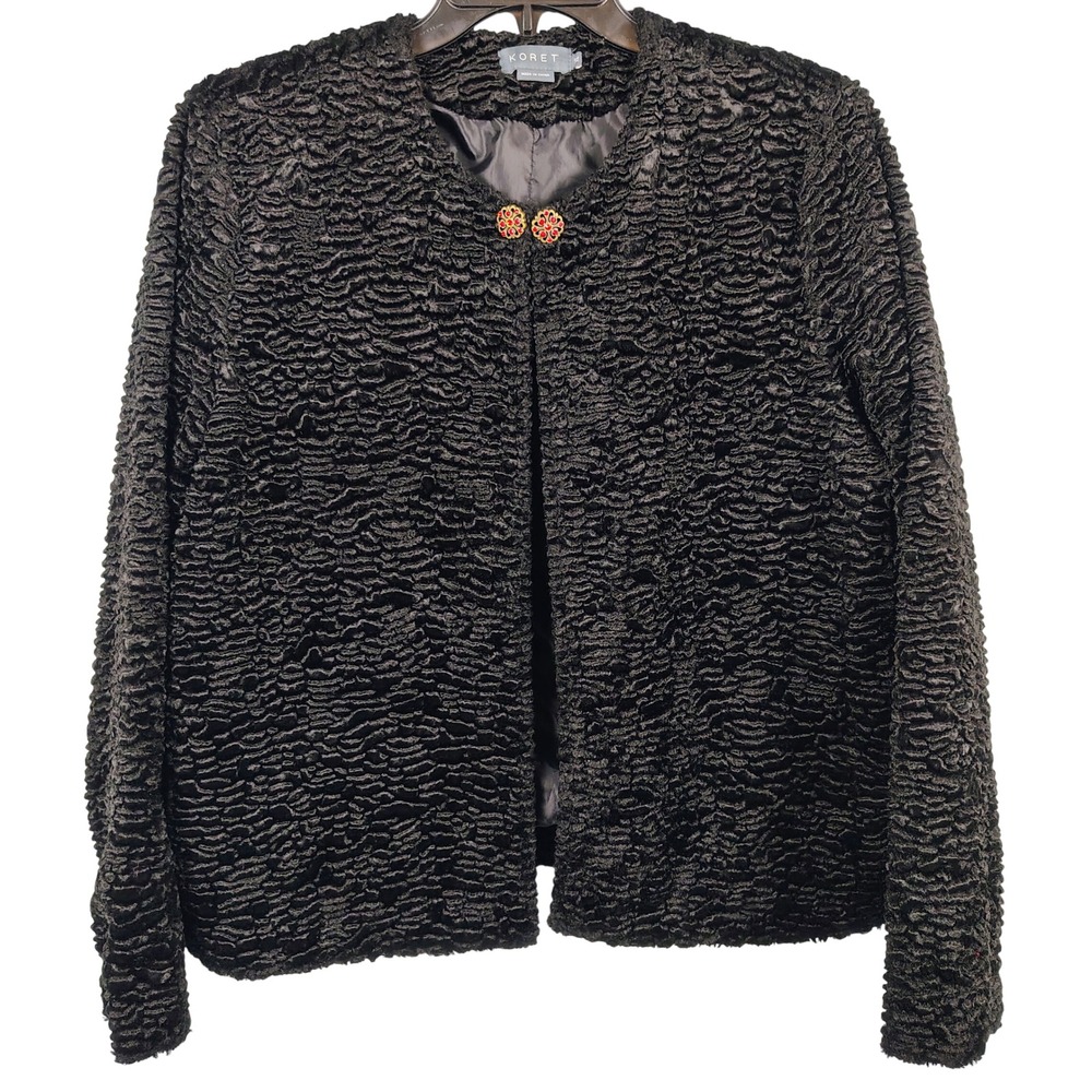 Koret Womens XL Faux Persian Lamb Fur Jacket Black Jeweled Clasp Mob Wife Glam